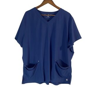 Easy Stretch Lina Mitered 4-Pocket V-Neck Scrub Top Women's Sz 2X Navy Blue